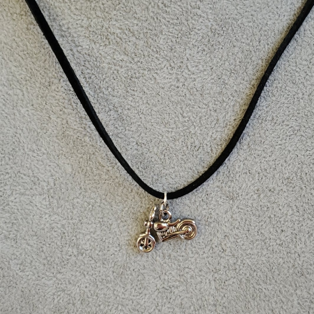 Mens silver motorcycle charm black suede necklace